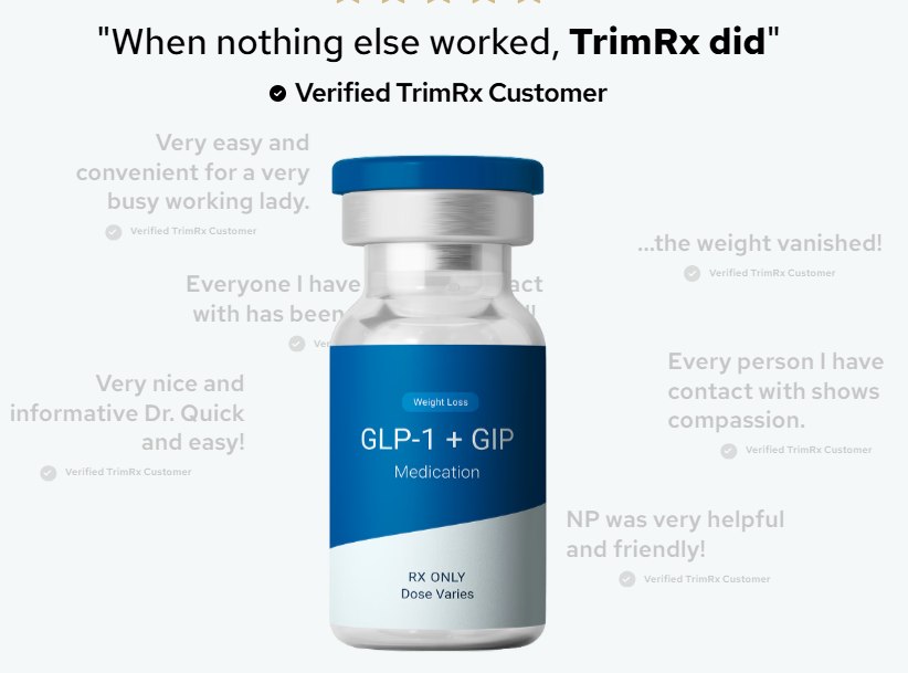 Verified TrimRx customer review quotes around a GLP-1 + GIP vial